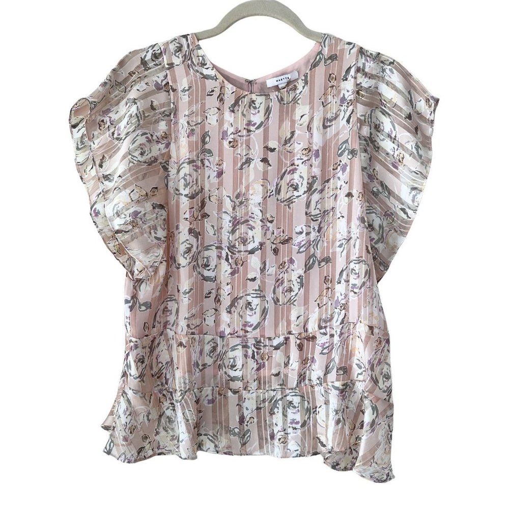 Maette Womens Pink Floral Flutter Short Sleeve Casual Round Neck Blouse Top